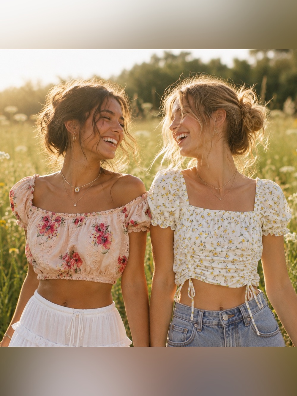2 Cottagecore cotton croptops, feminine with puff sleeves and floral print.